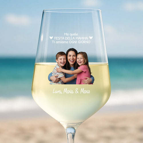 Bicchiere da vino personalizzato 450 ml con foto e dedica mamma, stampa UV-DTF colori intensi