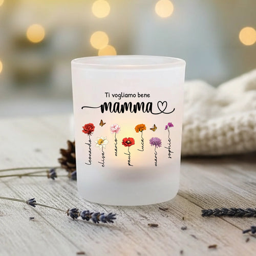 Portacandela personalizzato in vetro con nomi bambini e fiori, idea regalo per mamma e nonna