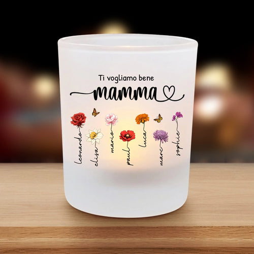 Portacandela personalizzato in vetro con nomi bambini e fiori, idea regalo per mamma e nonna – Motiv 2