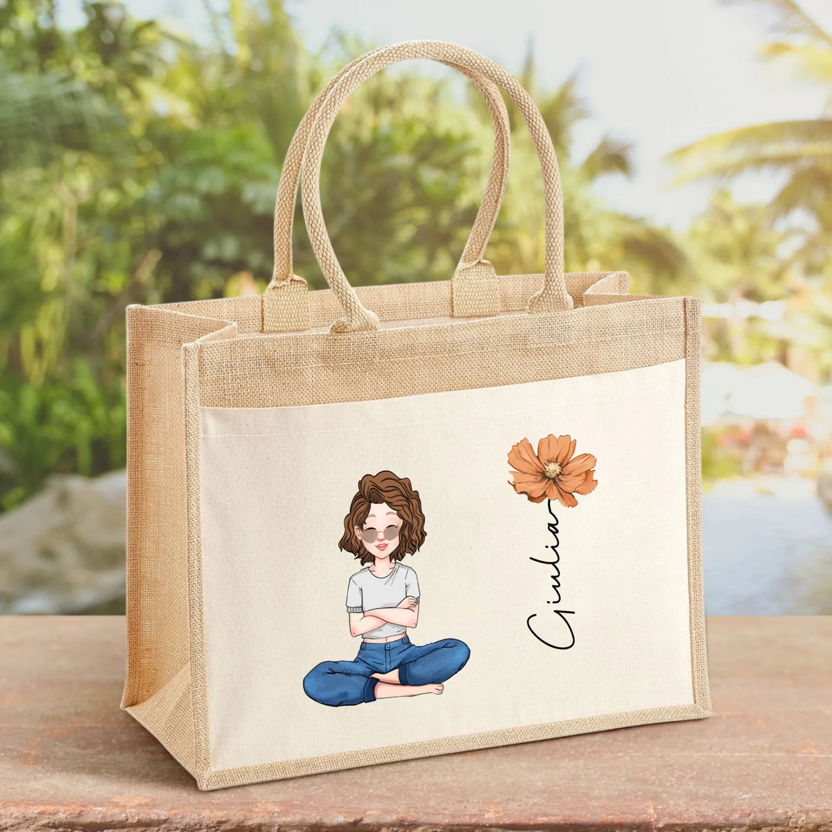 Borsa personalizzata Summervibes con grafica e nome, ideale per spiaggia e spesa