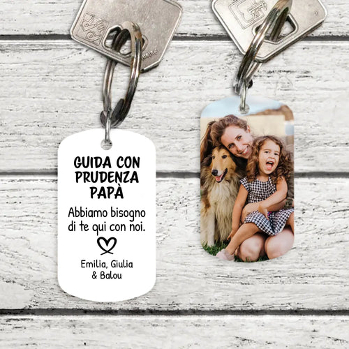 Portachiavi personalizzato in acciaio inossidabile spazzolato con stampa doppia - Guida con prudenza