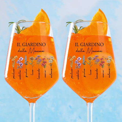 Calice vino personalizzato con nomi e fiori, design Il giardino della mamma per mamma e nonna – Motiv 2