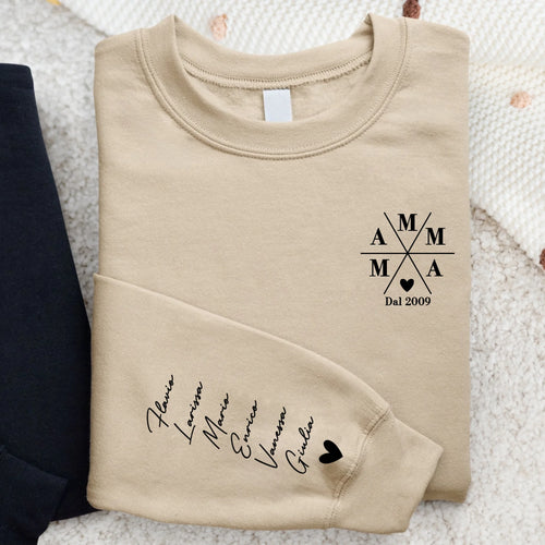 Sweater personalizzato Mamma con nomi bambini, design moderno in stampa DTF, materiale morbido premium
