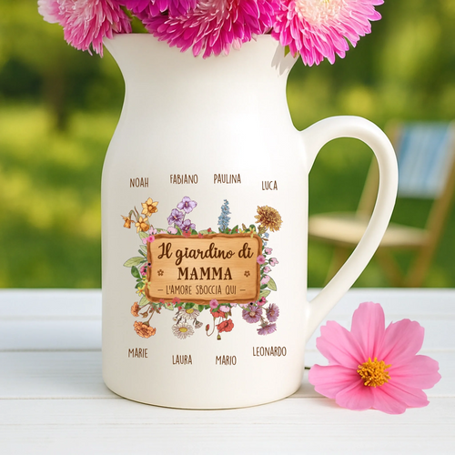 Vaso personalizzato bianco avorio con nome e fiori per mamma e nonna, design inciso su misura – Motiv 2