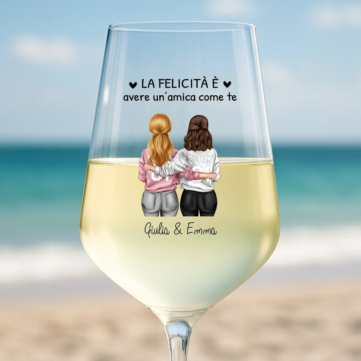 Calice da vino personalizzato con design Bestie per sempre per migliori amiche, stampa UV-DTF colorata
