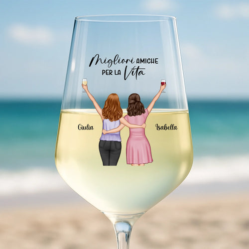Calice da vino personalizzato con nomi e illustrazione per amiche, capacità 450 ml, stampa UV-DTF