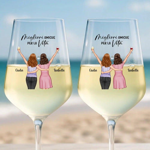 Calice da vino personalizzato con nomi e illustrazione per amiche, capacità 450 ml, stampa UV-DTF – Motiv 2