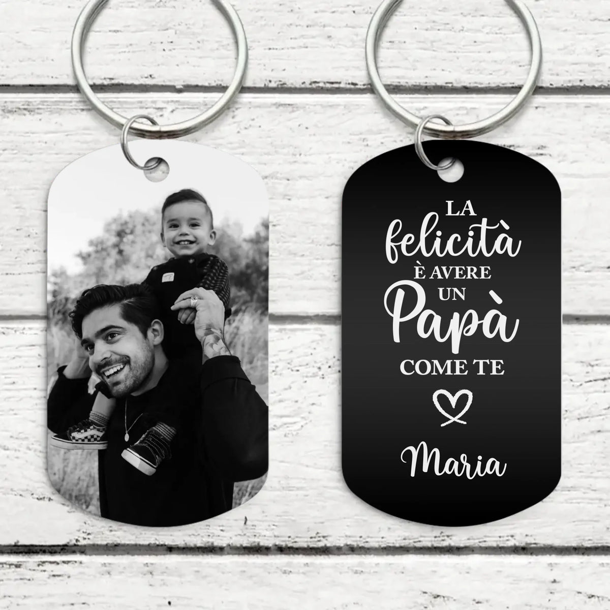 Portachiavi personalizzato per genitori Felicità con incisione laser nero e bianco, metallo alluminio