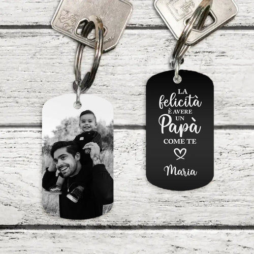 Portachiavi personalizzato per genitori Felicità con incisione laser nero e bianco, metallo alluminio – Motiv 2