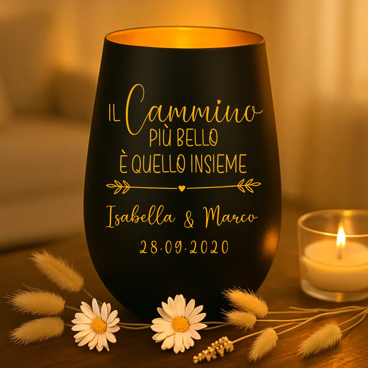 Regalo personalizzato: portacandela nero e oro con incisione dei nomi - realizzato da Love & Faith