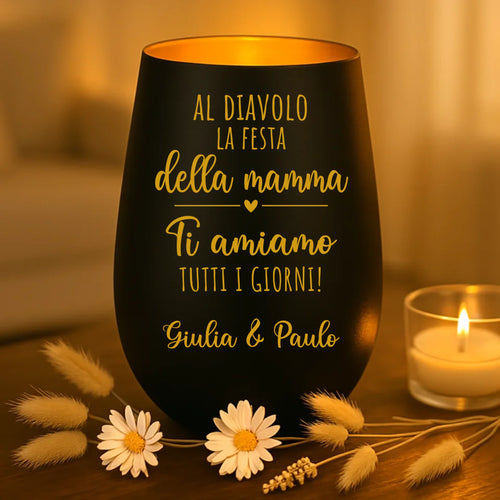 Regalo personalizzato: portacandela nero e oro con incisione dei nomi - realizzato da Love & Faith