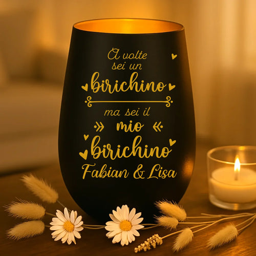 Regalo personalizzato: portacandela nero e oro con incisione dei nomi - realizzato da Love & Faith