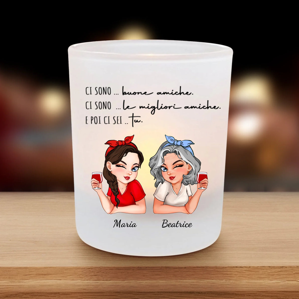 Portacandele personalizzato Best Friends in vetro satinato con stampa UV-DTF, teelicht per migliori amiche