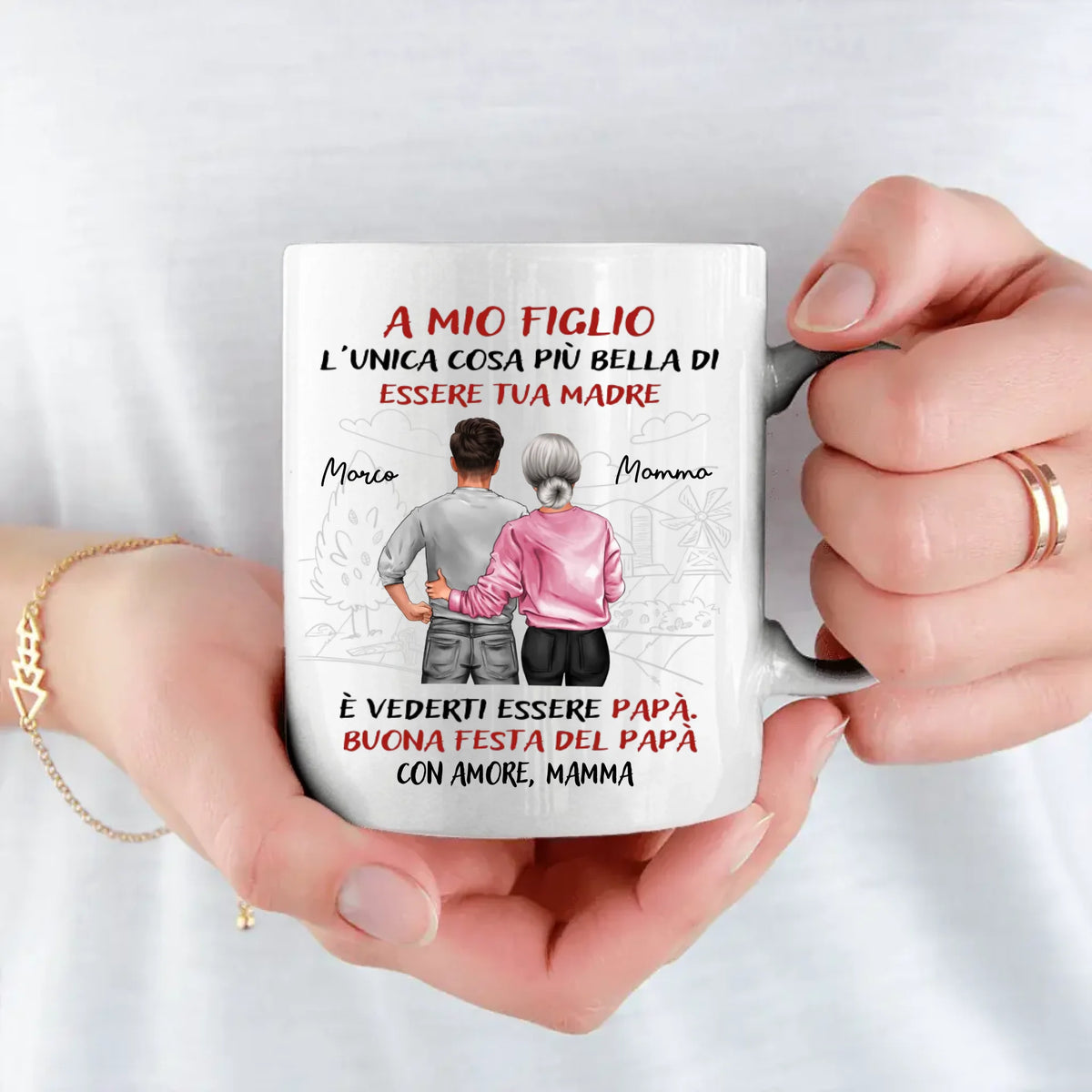 Tazza personalizzata per la festa del papà con scritta 'A mio figlio', stampa in sublimazione ad alta definizione