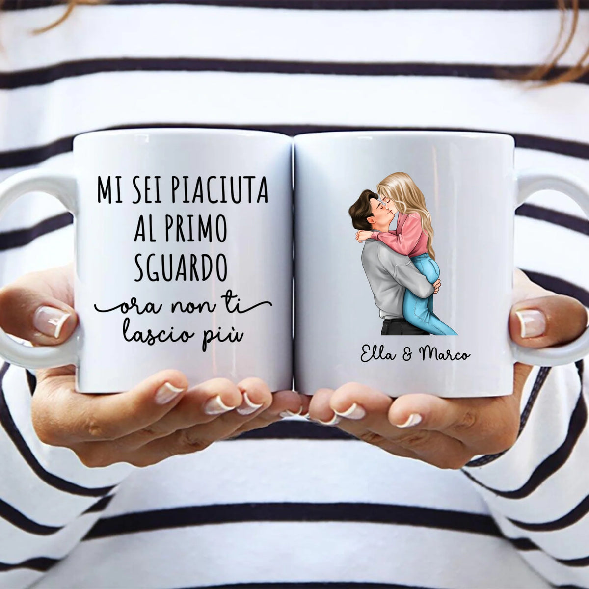 Tazza personalizzata per coppie Non ti lascio scappare con illustrazione custom, regalo San Valentino