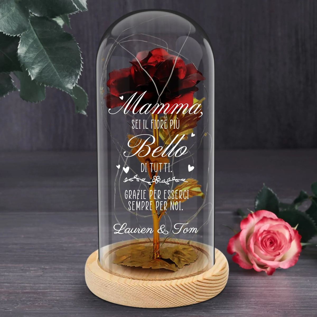 Rosa eterna placcata oro con stampa personalizzata sotto cupola di vetro e luce LED integrata