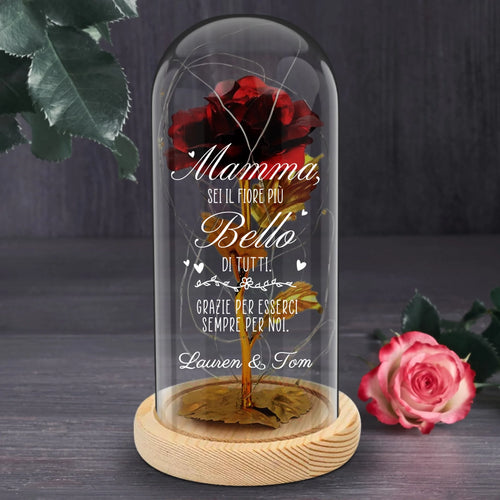 Rosa eterna placcata oro con stampa personalizzata sotto cupola di vetro e luce LED integrata