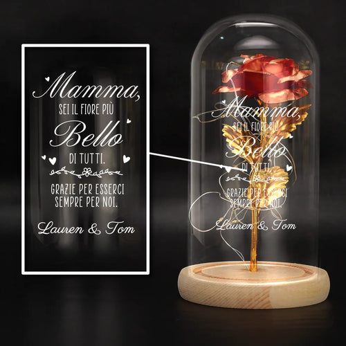 Rosa eterna placcata oro con stampa personalizzata sotto cupola di vetro e luce LED integrata – Motiv 2