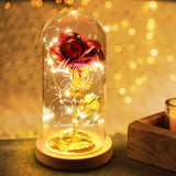Rosa eterna placcata oro con stampa personalizzata sotto cupola di vetro e luce LED integrata – Motiv 3