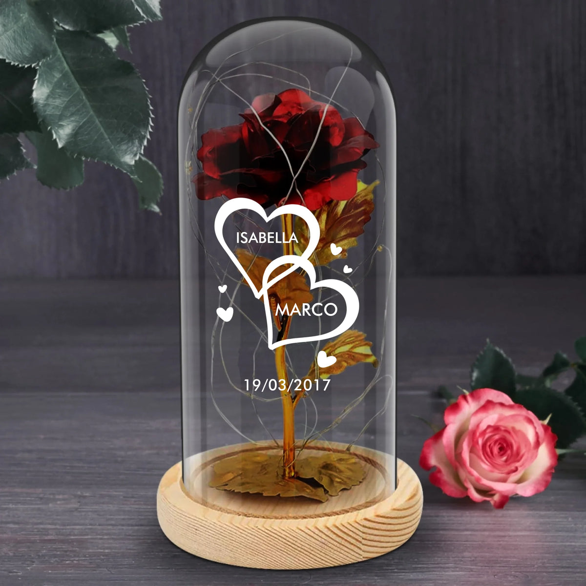 Rosa eterna luminosa con campana di vetro, placcatura oro e stampa personalizzata con nomi e data anniversario