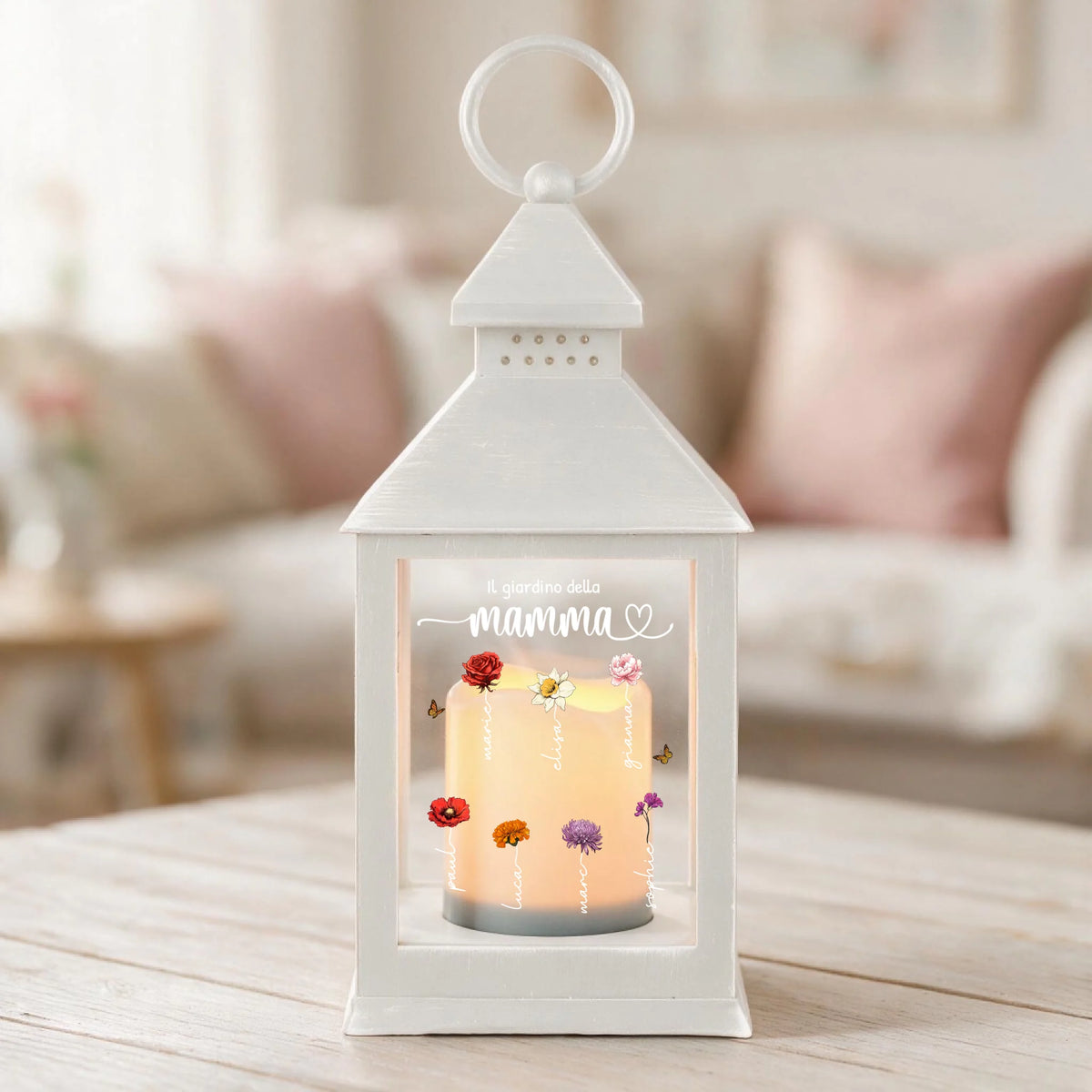 Lanterna LED personalizzata con fiori di nascita, nomi incisi e luce LED integrata per mamma e nonna