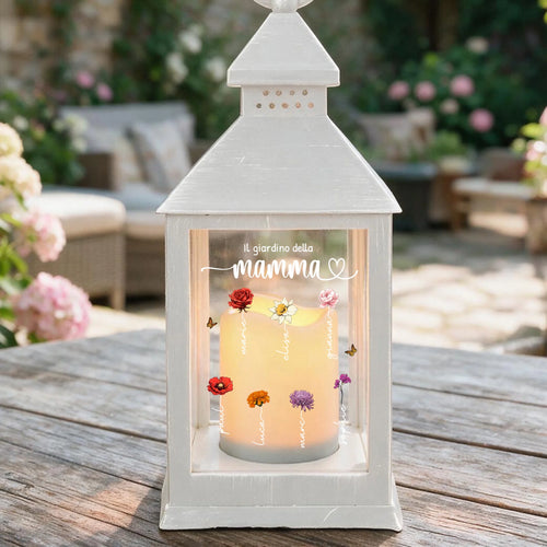 Lanterna LED personalizzata con fiori di nascita, nomi incisi e luce LED integrata per mamma e nonna – Motiv 2
