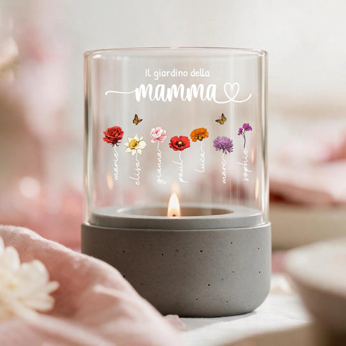 Lanterna personalizzata con base in cemento e fiori di nascita per mamma e nonna