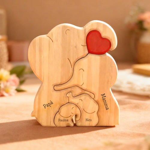 Decorazione famiglia elefanti in legno personalizzato con nomi, 2 grandi e 2 piccoli