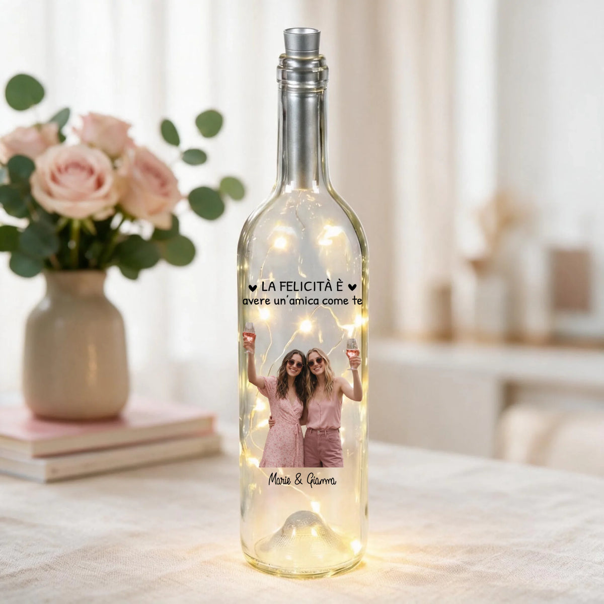 Bottiglia LED personalizzata Besties con nomi e illustrazione, decorazione luminosa per amiche