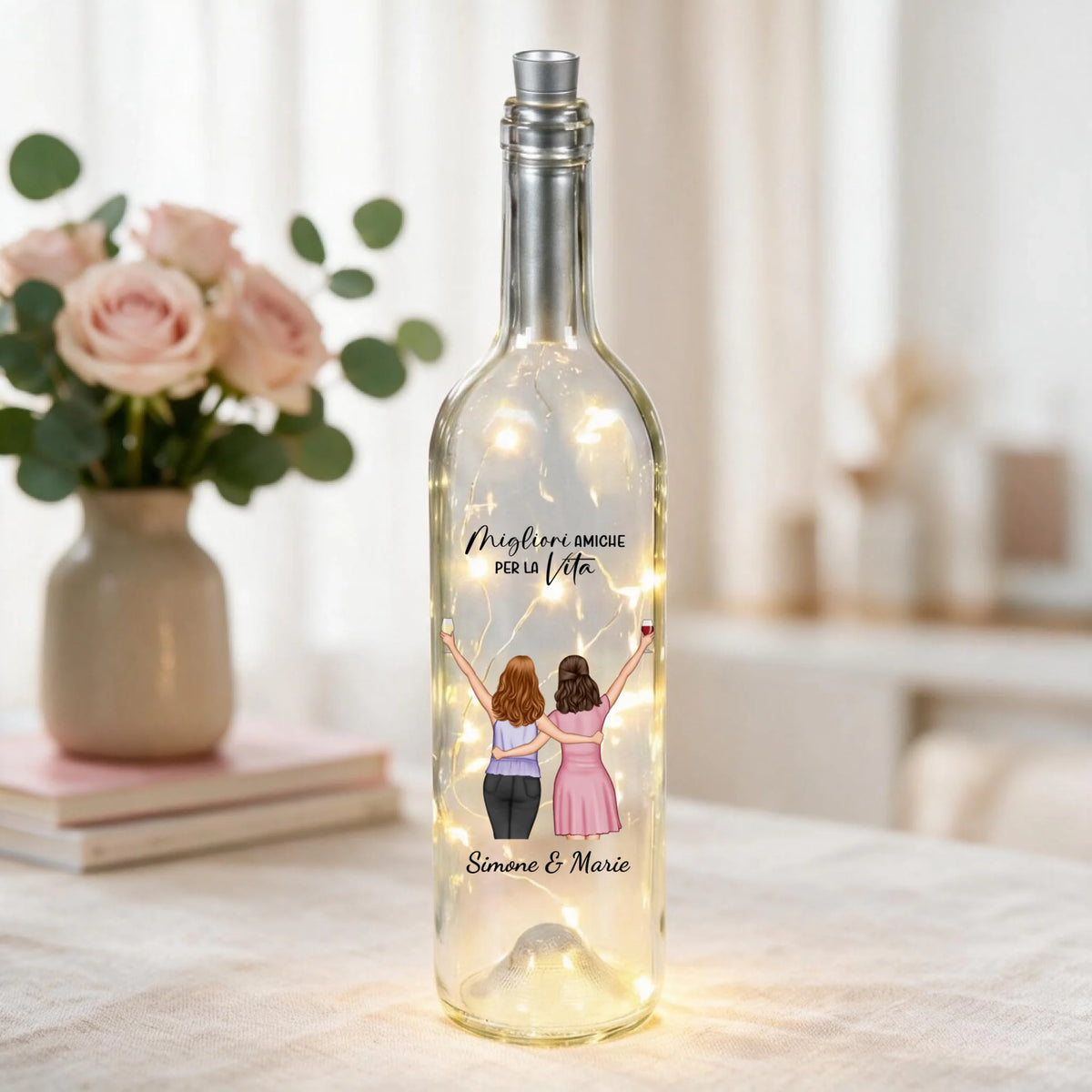 LED Weinflasche personalizzata con nomi e illustrazione per migliori amiche, luce LED integrata