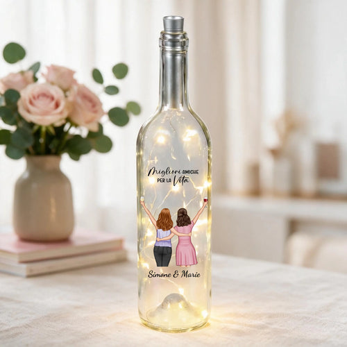 LED Weinflasche personalizzata con nomi e illustrazione per migliori amiche, luce LED integrata