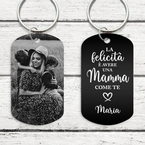 Portachiavi in metallo nero con incisione fotografica personalizzata e nome inciso, design Felicità