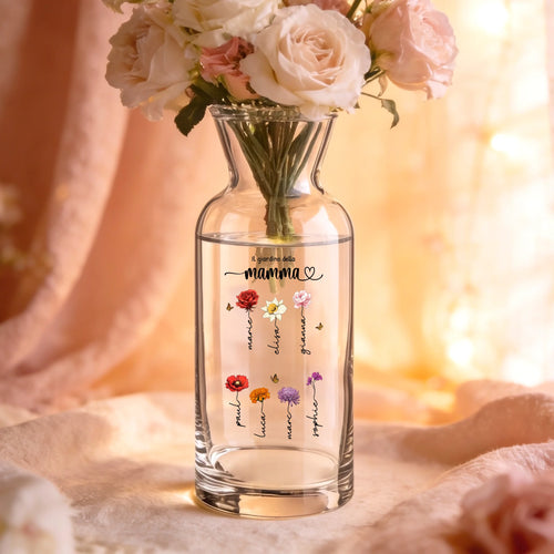Vaso in vetro personalizzato con nomi e motivi floreali, giardino simbolico per mamme e nonne – Motiv 2